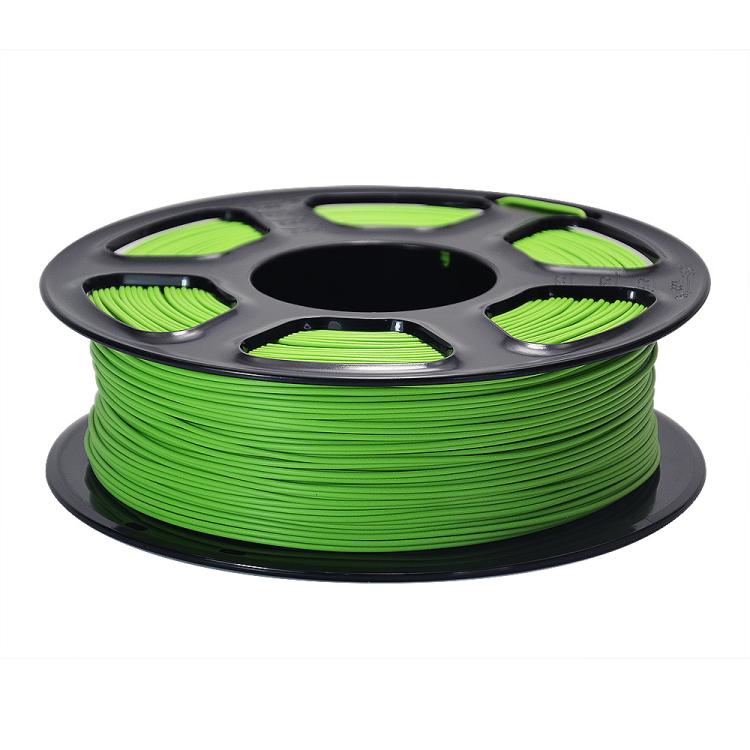 Matte PLA filament spool, bright green strands on black reel