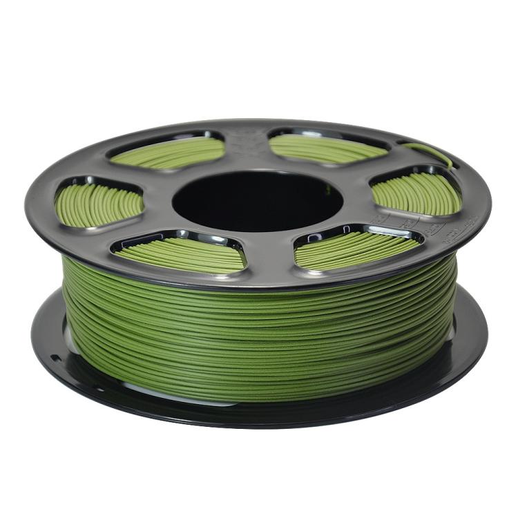 Matte PLA filament spool with green filament, flat wound coils on black reel