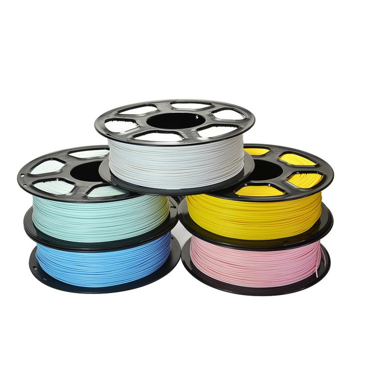 Matte PLA filament spools set with white, aqua, yellow, teal, and pink reels