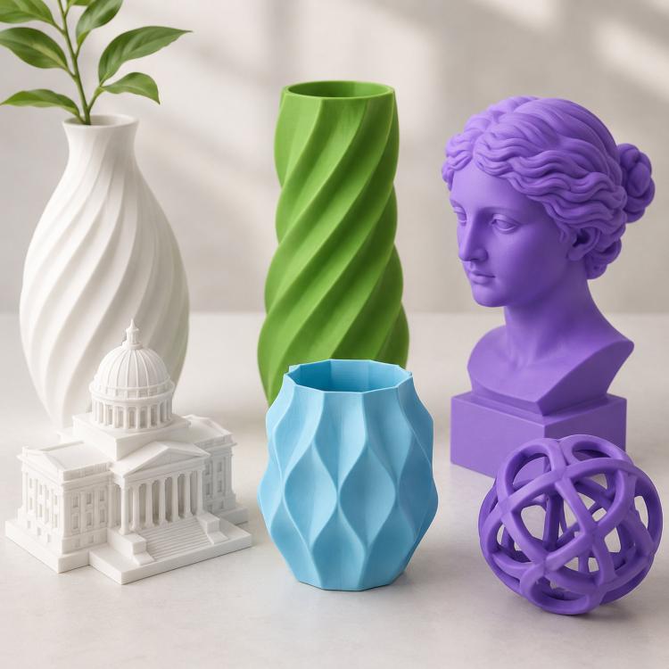 3D printed decor set: white vase, green vase, light blue tray, purple bust and ball