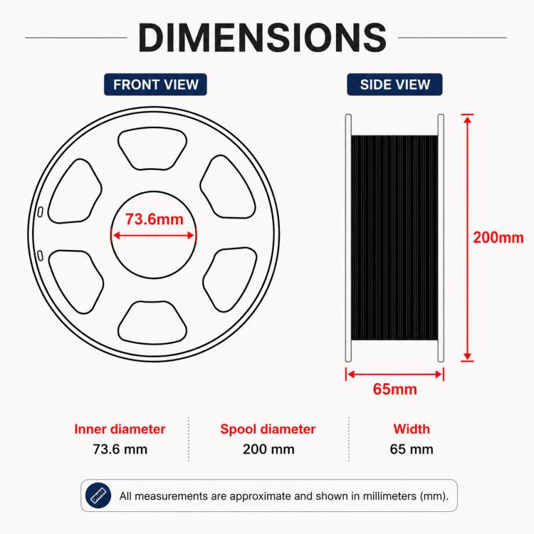 PLA filament spool size diagram: 73.6mm inner, 200mm spool diameter, 65mm width