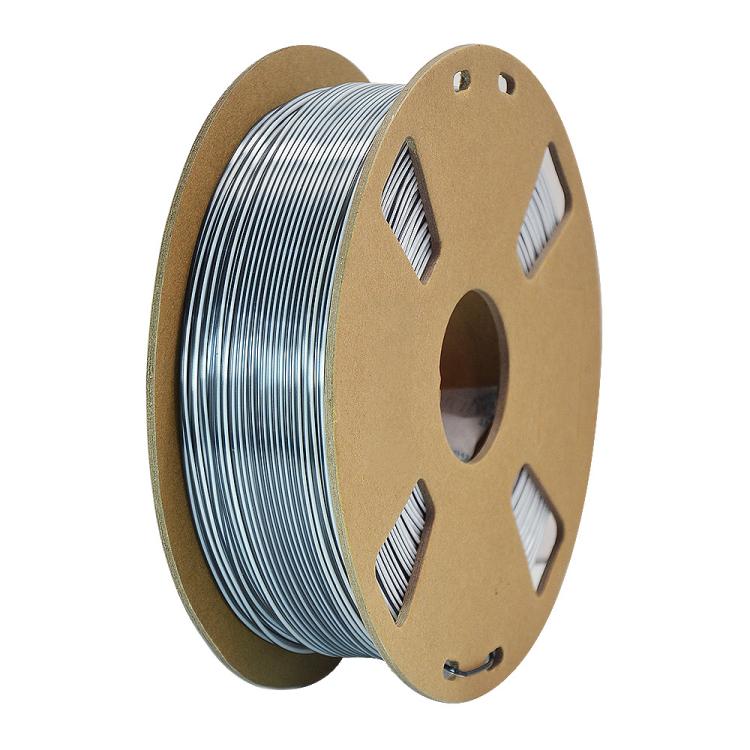 Dual-color metallic PLA filament spool, silver-blue shifting on spool reel