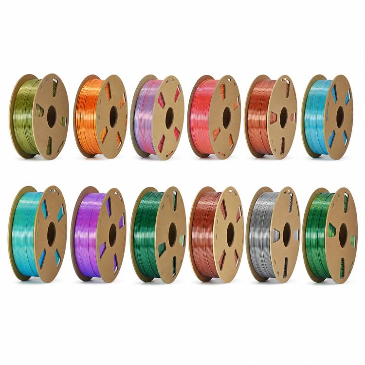 Set of dual-color metallic PLA filament spools in multiple shifting colors