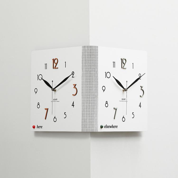 White dual-sided corner wall clock with black hands and numbers on two faces