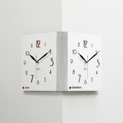 White dual-sided corner wall clock with black hands and numbers on two faces
