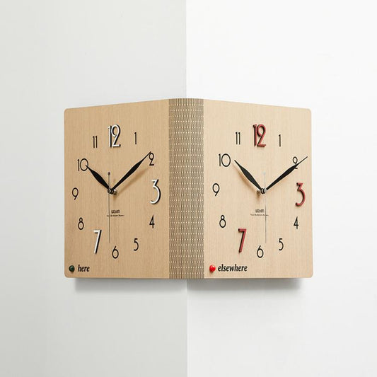 Woodgrain brown dual-sided corner wall clock with black hands and numbers on two faces
