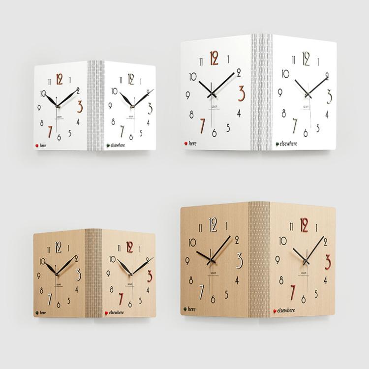 Dual-sided corner wall clock set in white and woodgrain brown, shown in multiple sizes