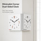 White dual-sided corner wall clock with black hands, curved corner design, two faces