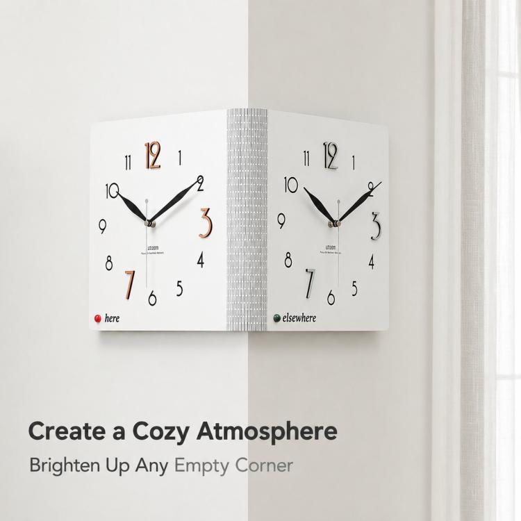 White dual-sided corner wall clock with black hands and colored here/elsewhere dots