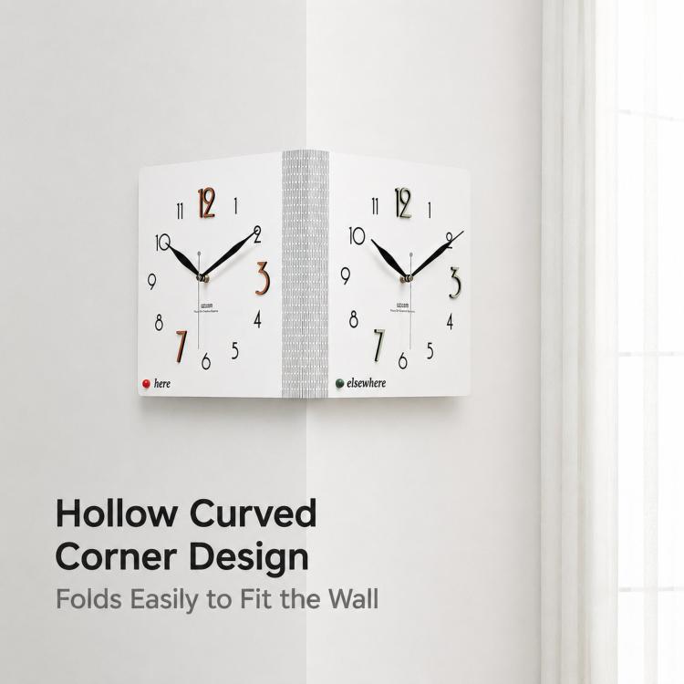 White dual-sided corner wall clock mounted for corner viewing from both sides