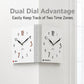 White dual-sided corner wall clock with black hands and two time-zone style dials