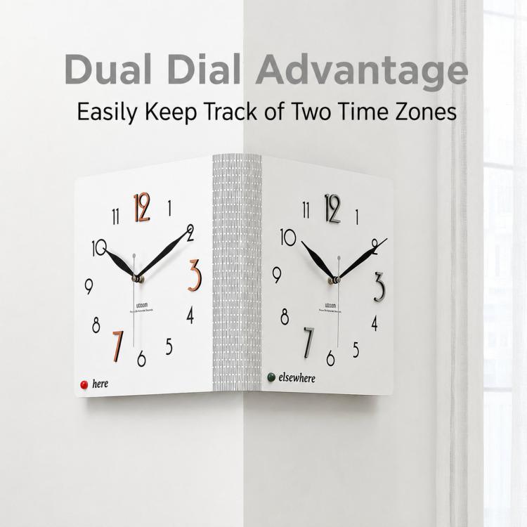 White dual-sided corner wall clock with black hands and two time-zone style dials