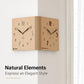 Woodgrain brown dual-sided corner wall clock with black hands and red accent numbers