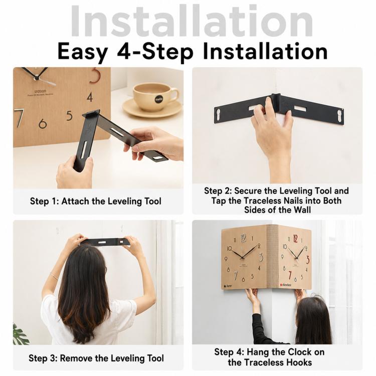 Corner wall clock installation guide showing mounting and leveling steps