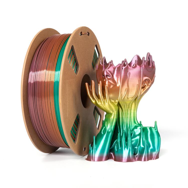 Rainbow PLA filament spool with glossy gradient filament, copper to green highlights