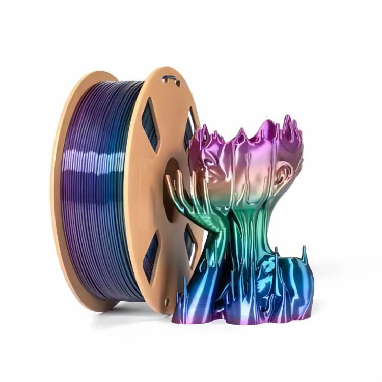 Rainbow PLA filament spool with glossy gradient filament, deep purple to blue