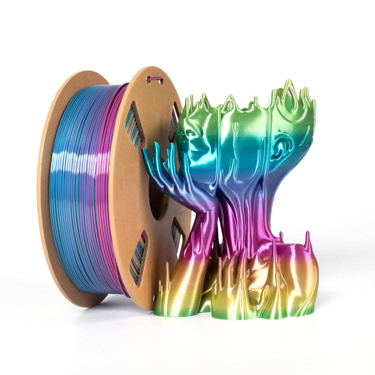 Rainbow PLA filament spool with glossy gradient filament, teal and magenta highlights