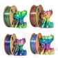 Rainbow PLA filament spool shown from multiple angles, glossy color-shift gradient