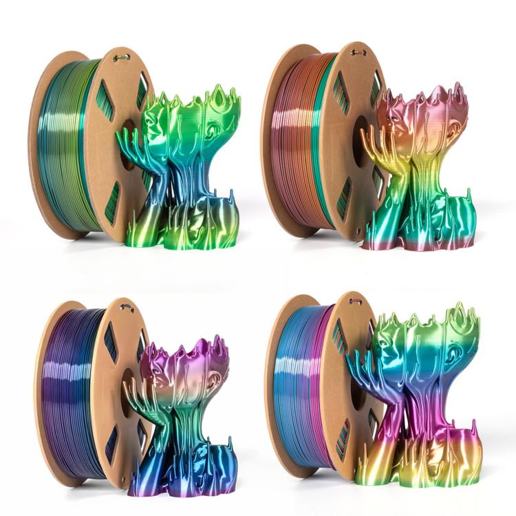 Rainbow PLA filament spool shown from multiple angles, glossy color-shift gradient
