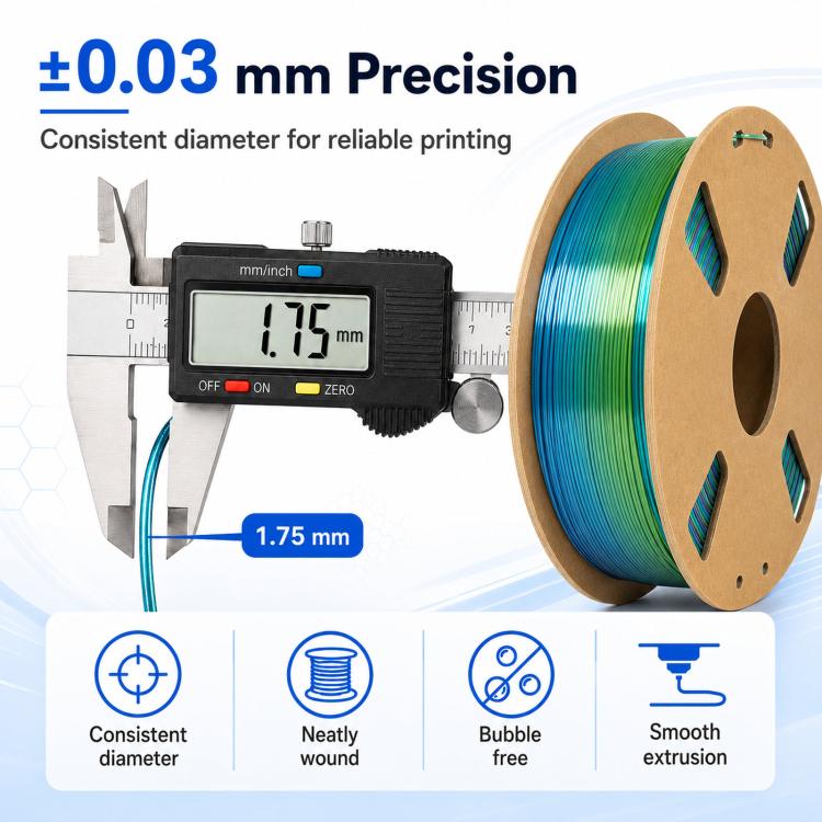 Rainbow PLA filament spool with caliper measuring 1.75 mm filament diameter