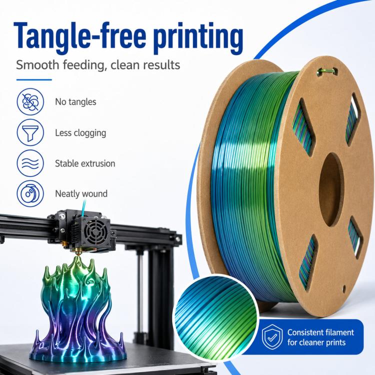 Rainbow PLA filament spool beside 3D printer extruder, smooth feeding setup