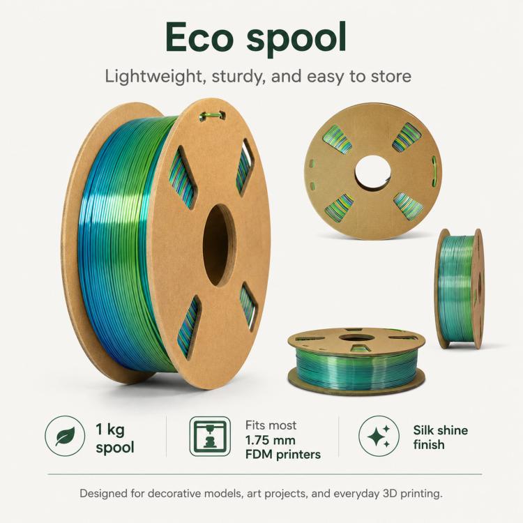 Rainbow PLA filament eco spool with 1 kg cardboard reel and glossy silk finish coil