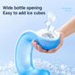 Blue neck cooling wrap with wide bottle opening held in hand for easy ice adding