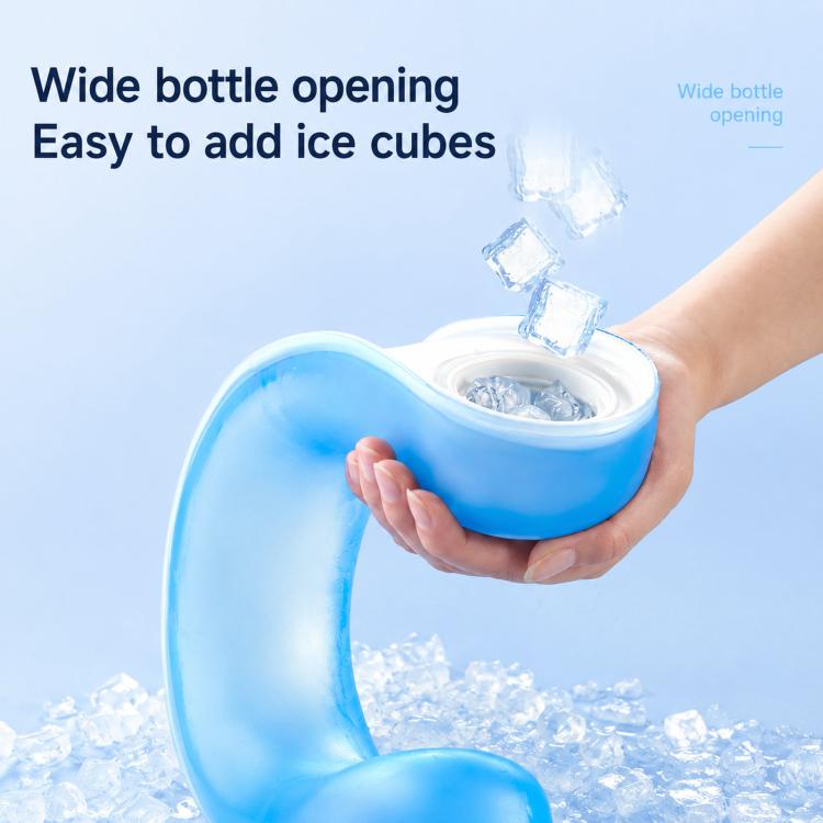 Blue neck cooling wrap with wide bottle opening held in hand for easy ice adding