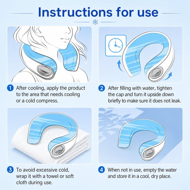 Blue neck cooling wrap shown in use steps on pillow with secured cap