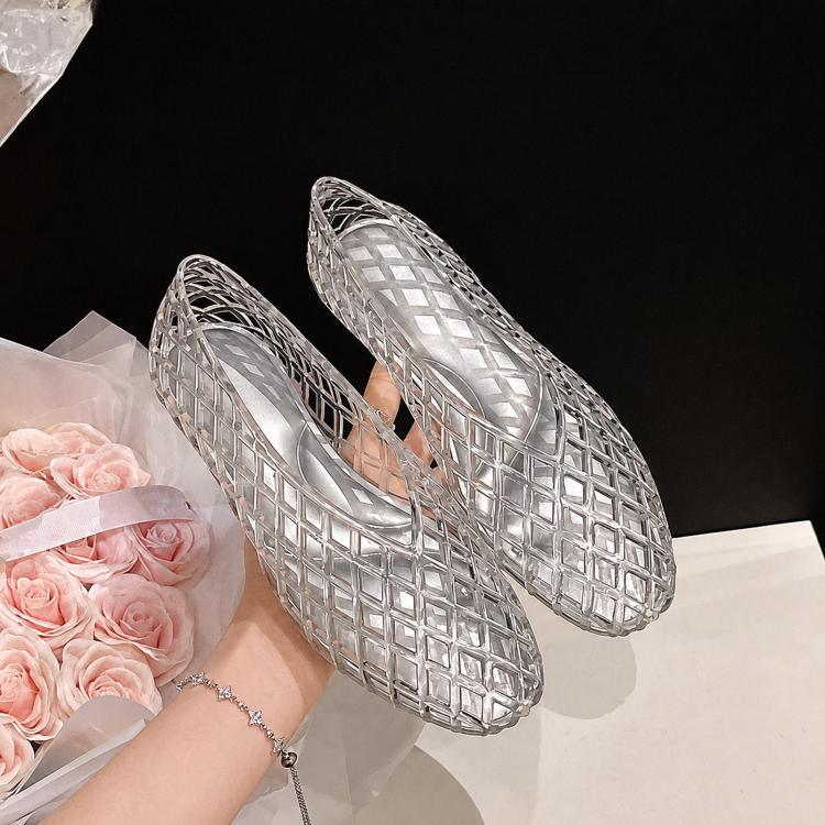 Transparent jelly crystal toe-cap flat sandals with grid texture, breathable hollow upper