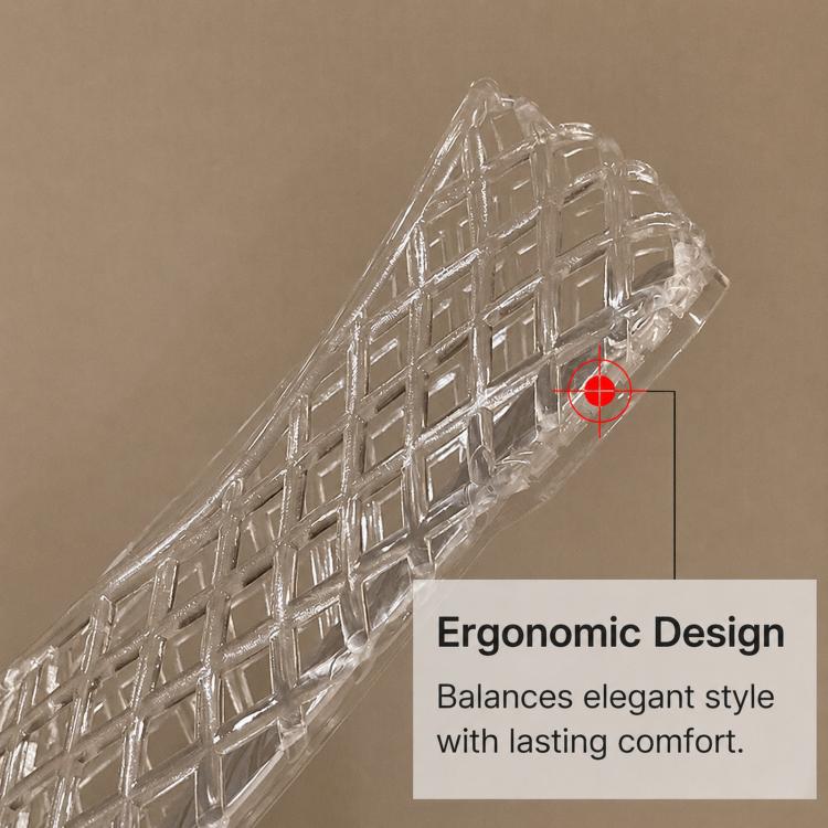 Clear jelly crystal sandal angled close-up, embossed hollow lattice design