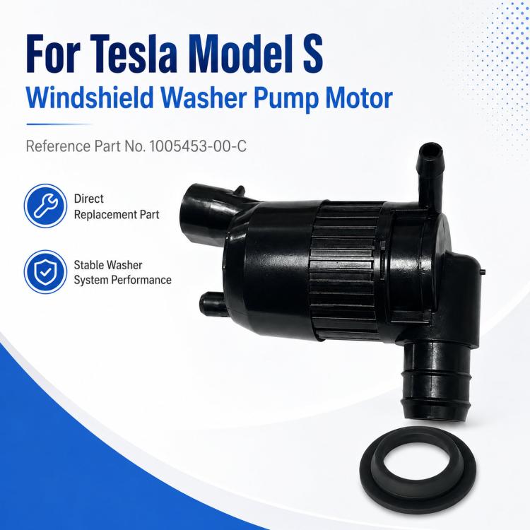 Windshield washer pump motor and rubber gasket ring, black plastic with T-shaped outlet
