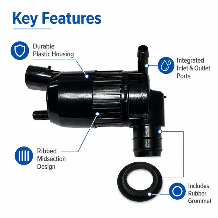 Black windshield washer pump motor with ribbed housing, integrated inlet ports, gasket ring