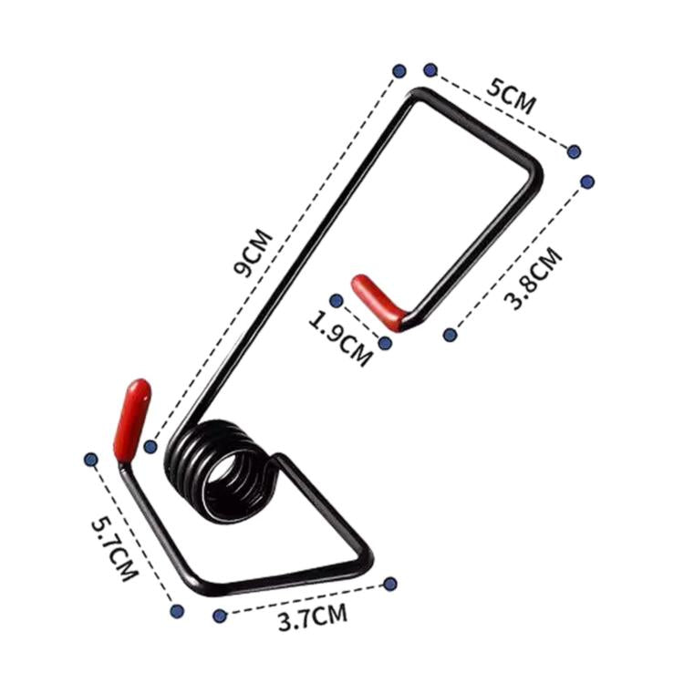 Metal wiper booster spring with red tip and black coil, outlined size diagram