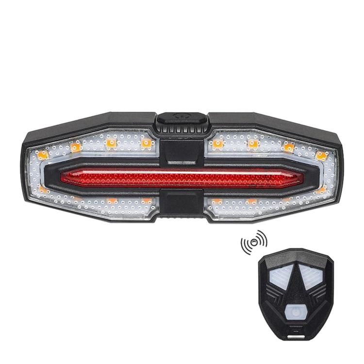 Bicycle remote warning tail light with turn signals, black housing with red center LED strip