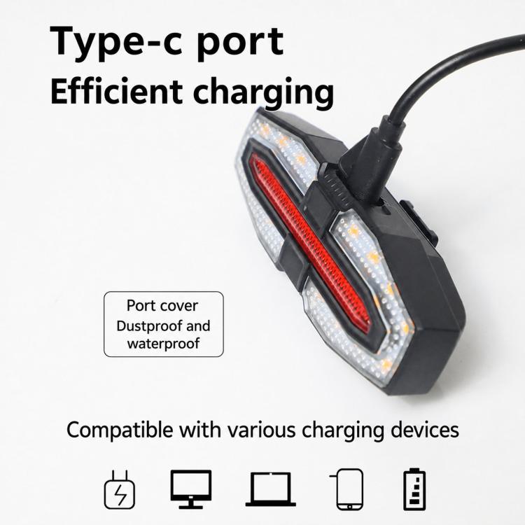 Bicycle tail light with Type-C charging port, black rear light body with cable attached