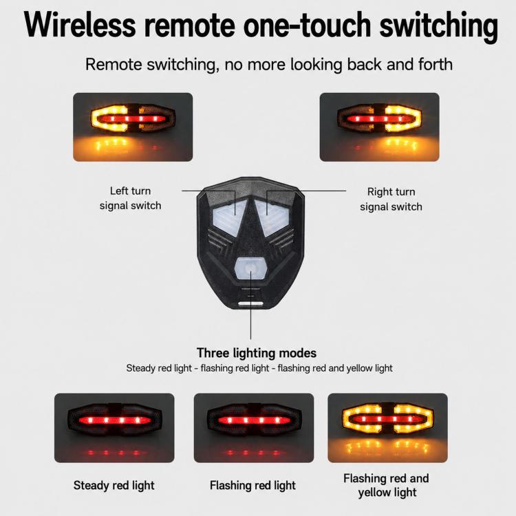 Bicycle remote tail light with wireless one-touch turn signals, remote control shown