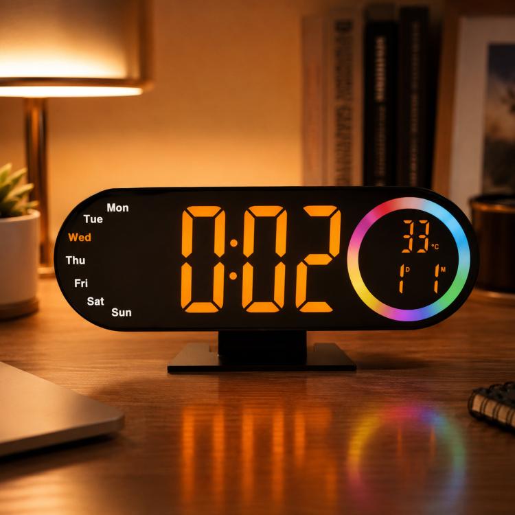 RGB Mirror Digital Alarm Clock With LED Night Light Temperature Week Display