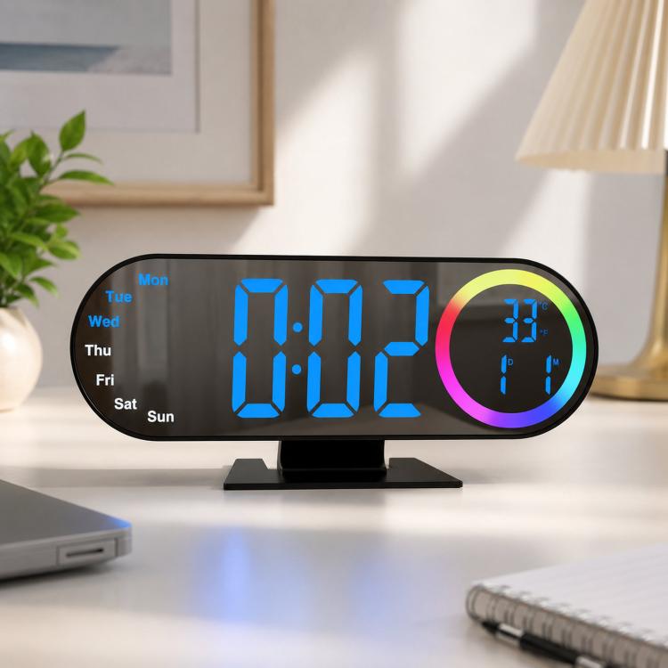 RGB Mirror Digital Alarm Clock With LED Night Light Temperature Week Display