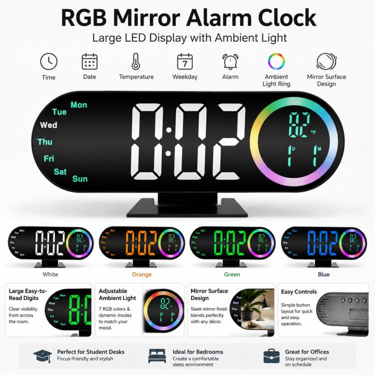 RGB Mirror Digital Alarm Clock With LED Night Light Temperature Week Display