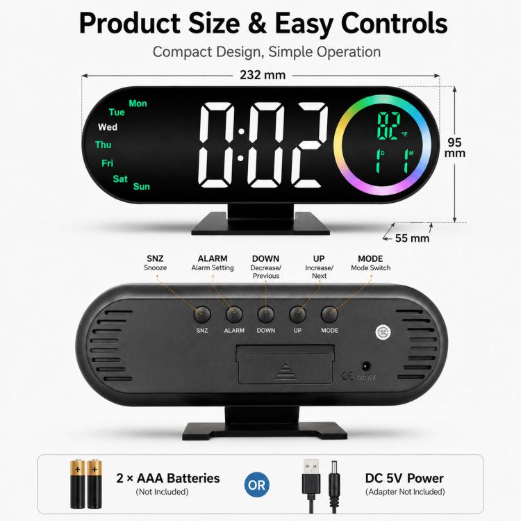 RGB Mirror Digital Alarm Clock With LED Night Light Temperature Week Display