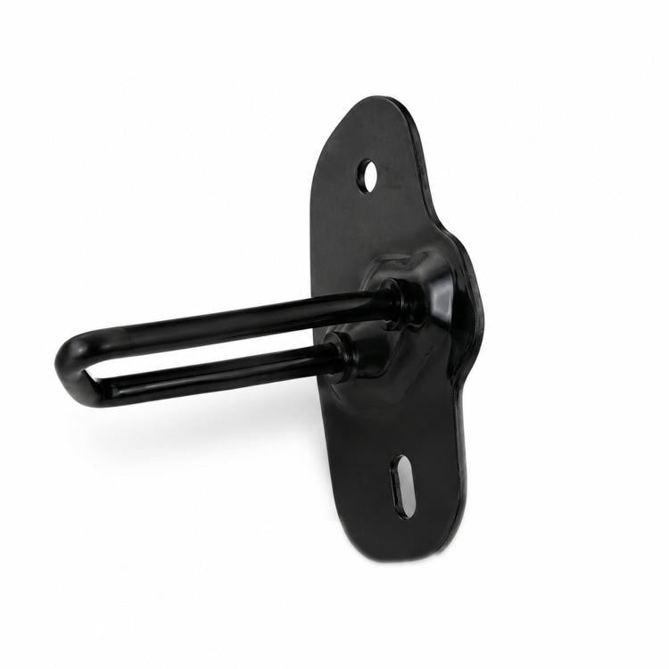 Black metal hood lock catch with bent hook and mounting plate, two-hole design.