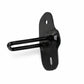Black metal hood lock catch with bent hook and two mounting holes.