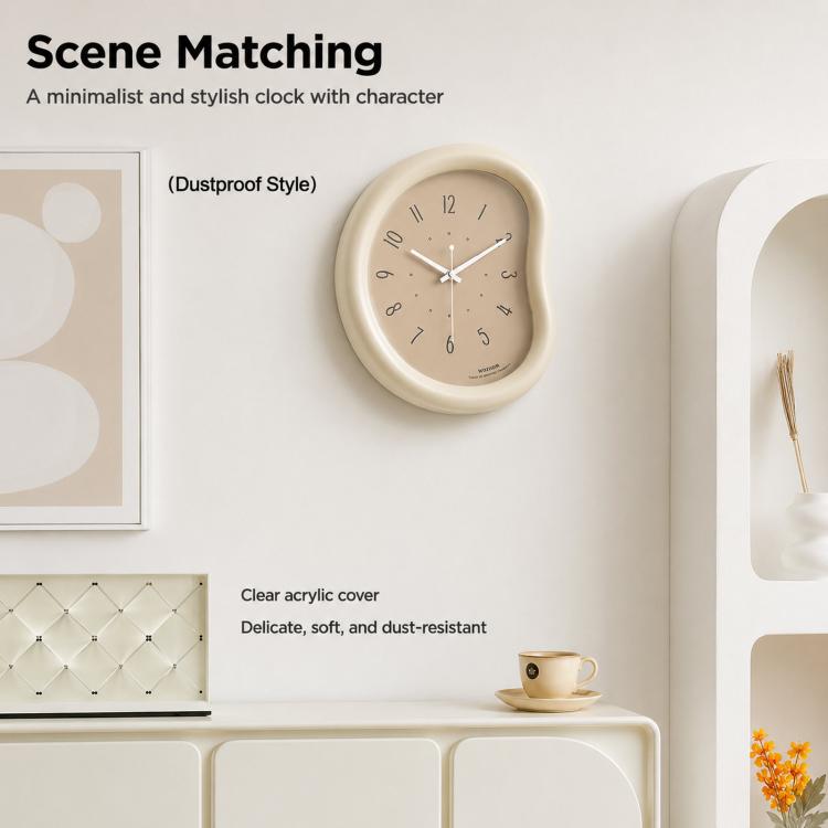Cream round wall clock with minimalist black numbers and white hour/minute hands