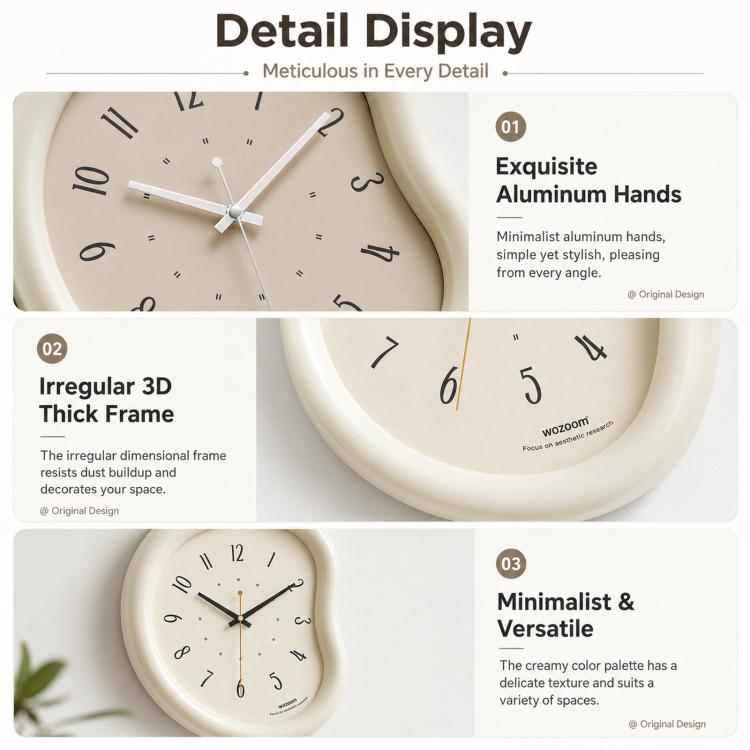 Cream wall clock close-up showing aluminum hands and an irregular thick frame