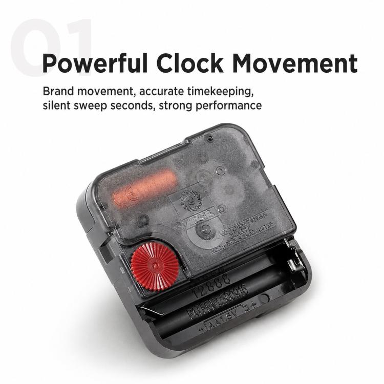 Black silent clock movement mechanism with visible internal components and red motor