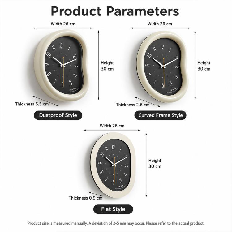Oval cream wall clock size diagram showing thickness, width, and height measurements