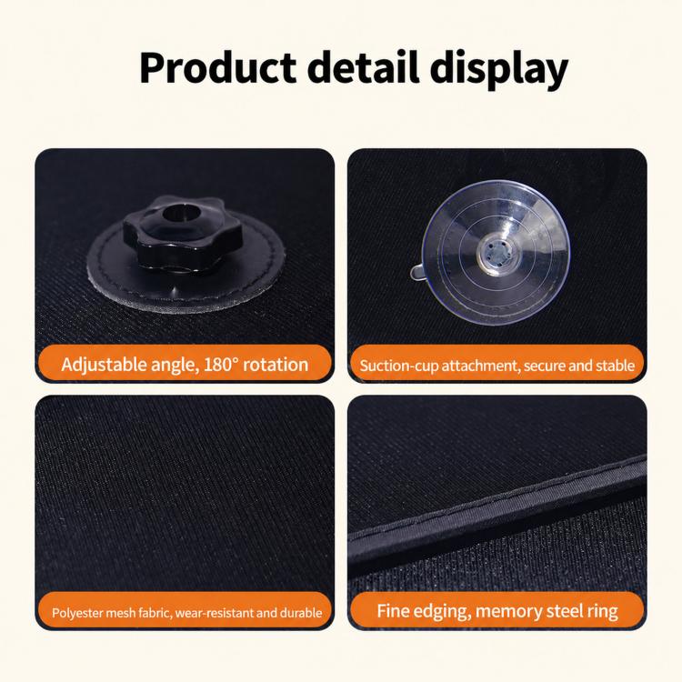 Car sunshade detail: suction cup mount, polyester mesh fabric, and steel ring edge