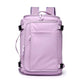Purple travel backpack with front zip pocket, side buckles, and top carry handle