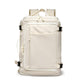 White travel backpack with front zip pocket, side buckles, and top carry handle